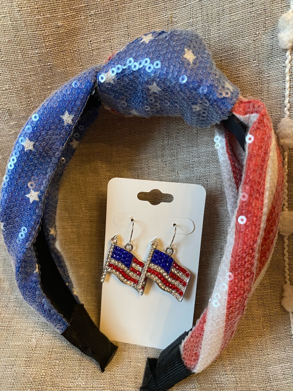 Patriotic Sequin Stars & Stripes Headband with American Flag Earrings